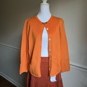 Salvatore Ferragamo Wool Sweater | Orange Gancini Clasp, Mother of Pearl Buttons